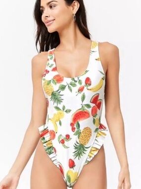 Forever 21 White Fruit-Print One-Piece Swimsuit